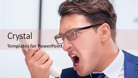  Presentation with call center performance reporting - Colorful PPT layouts enhanced with center employee yelling at customer backdrop and a coral colored foreground