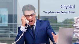  Presentation with call center performance reporting - Slide set consisting of center employee yelling at customer background and a sky blue colored foreground