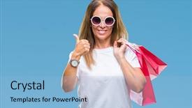  Presentation with sales - Colorful slide set enhanced with center excellence - middle age hispanic woman holding backdrop and a  colored foreground