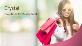  Presentation with woman pushing shopping trolley - PPT layouts with center excellence - young asian woman holding shopping background and a  colored foreground