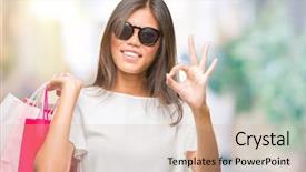  Presentation with woman pushing shopping trolley - Slide deck enhanced with center excellence - young asian woman holding shopping background and a  colored foreground