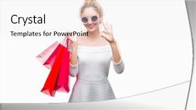  Presentation with symbol - Slide set with center excellence - young beautiful blonde woman holding background and a sky blue colored foreground