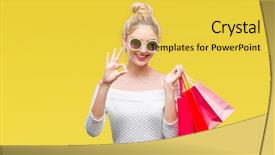  Presentation with blonde holding magnifying glass - Slide deck featuring center excellence - young beautiful blonde woman holding background and a yellow colored foreground