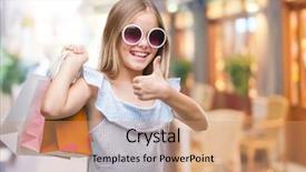  Presentation with for sale sign - Colorful slide set enhanced with center excellence - young beautiful girl holding shopping backdrop and a  colored foreground