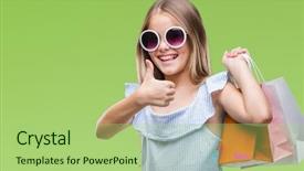  Presentation with for sale sign - Slides enhanced with center excellence - young beautiful girl holding shopping background and a  colored foreground