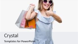  Presentation with happy young student girl holding - Amazing slides having center excellence - young beautiful girl holding shopping backdrop and a light blue colored foreground