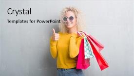  Presentation with sales - Theme with center excellence - young blonde woman over grunge background and a  colored foreground