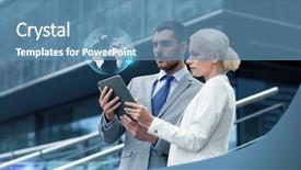  Presentation with mechanic inspection tablet - Audience pleasing presentation design consisting of center mass - businesspeople with tablet pc outdoors backdrop and a  colored foreground