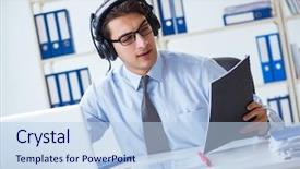  Presentation with call center performance reporting - Presentation theme having center operator talking to customer background and a light blue colored foreground