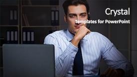  Presentation with call center software - PPT theme with center operator talking to customer background and a dark gray colored foreground