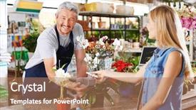  Presentation with payment - Presentation design featuring center with salesman and customer background and a coral colored foreground