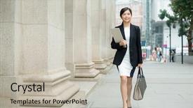  Presentation with street - Cool new slides with central business district - businesswoman walking on street backdrop and a mint green colored foreground