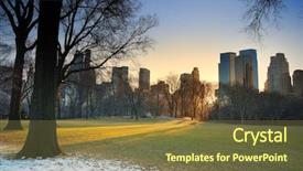  Presentation with green city - Cool new PPT theme with girl in a green jacket sits in a red egg chair in a cafe backdrop and a tawny brown colored foreground