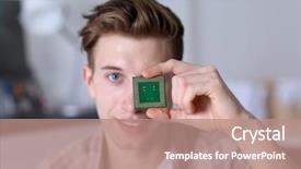  Presentation with processor - Cool new PPT layouts with central service center - young man holding computer processor backdrop and a  colored foreground