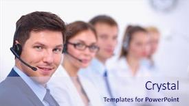  Presentation with call center - Presentation enhanced with centre d appel - attractive positive young businesspeople background and a sky blue colored foreground