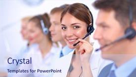 Presentation with call center - Beautiful PPT layouts featuring centre d appel - attractive smiling positive young businesspeople backdrop and a sky blue colored foreground