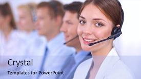  Presentation with call center - Presentation theme enhanced with centre d appel - attractive smiling positive young businesspeople background and a light blue colored foreground