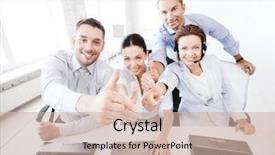  Presentation with office workers - Cool new theme with centre d appel - business concept - group backdrop and a soft green colored foreground