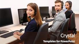  Presentation with call center - Amazing PPT theme having centre d appel - call center operators at work backdrop and a wine colored foreground