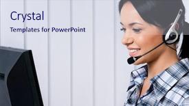  Presentation with headphones - Presentation with centre d appel - smiling female helpline operator background and a sky blue colored foreground