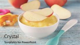  Presentation with ceramic - Theme enhanced with ceramic bowl with porridge for baby on wooden background background and a light blue colored foreground