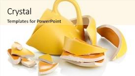  Presentation with ceramic - Presentation design enhanced with ceramic fracture - yellow broken cup isolated background and a blonde colored foreground