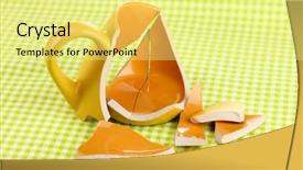  Presentation with yellow green - Theme having ceramic fracture - yellow broken cup on table background and a  colored foreground