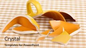  Presentation with yellow - Theme featuring ceramic fracture - yellow broken cup on table background and a  colored foreground