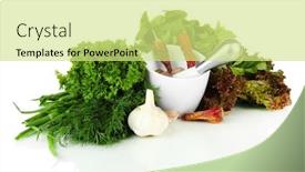  Presentation with mortar - Audience pleasing presentation theme consisting of ceramic mortar herbs and spices isolated on white backdrop and a soft green colored foreground