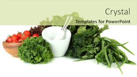  Presentation with mortar - PPT theme with ceramic mortar tomatoes herbs and spices isolated on white background and a soft green colored foreground