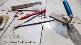  Presentation with improvement - Slide set with ceramic-tiles-and-tools background and a light gray colored foreground