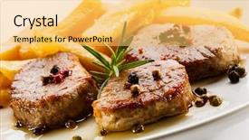  Presentation with french revoulution - Audience pleasing PPT theme consisting of cerdo - grilled steaks with french fries backdrop and a  colored foreground