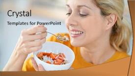  Presentation with middle ages portrait - Slide deck consisting of cereal - portrait blond middleaged woman eating background and a lemonade colored foreground