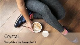  Presentation with healthy breakfast - Colorful PPT layouts enhanced with cereal - woman sitting floor backdrop and a coral colored foreground