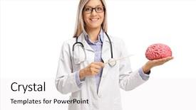  Presentation with 3d brain model - Cool new PPT theme with cerebellum - female doctor pointing backdrop and a white colored foreground