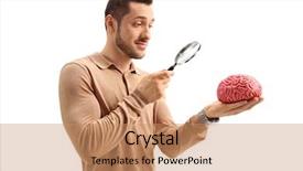  Presentation with cerebellum - Colorful PPT layouts enhanced with cerebellum - young guy examining a brain backdrop and a coral colored foreground