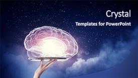  Presentation with human brain - Audience pleasing theme consisting of cerebrum - hand holding metal tray backdrop and a navy blue colored foreground