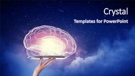  Presentation with human brain - Amazing slide set having cerebrum - hand holding metal tray backdrop and a navy blue colored foreground
