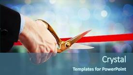  Presentation with cutting ribbon - Audience pleasing presentation design consisting of ceremony - businessman cutting red ribbon backdrop and a ocean colored foreground