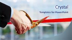  Presentation with cutting ceremony - Beautiful theme featuring ceremony - businessman cutting red ribbon backdrop and a sky blue colored foreground