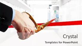  Presentation with cutting ceremony - Colorful slides enhanced with ceremony - businessman cutting red ribbon backdrop and a sky blue colored foreground