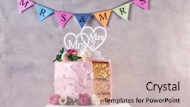  Presentation with slice of decorated cake - Colorful slide deck enhanced with ceremony - sliced lesbian wedding cake backdrop and a soft green colored foreground