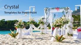  Presentation with beach wedding - PPT theme with ceremony - wedding arch and set up background and a light blue colored foreground
