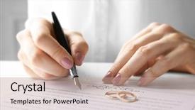 Presentation with marriage - Colorful slide deck enhanced with ceremony - woman signing marriage contract closeup backdrop and a coral colored foreground