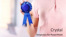  Presentation with blue award - Beautiful theme featuring holding blue award prize ribbon backdrop and a lemonade colored foreground