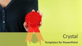 Presentation with prize - Beautiful presentation featuring woman holding red award prize ribbon on color background backdrop and a yellow colored foreground