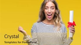  Presentation with certificate - PPT theme having certificates - beautiful young blonde woman holding background and a yellow colored foreground