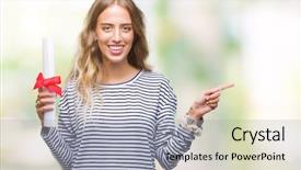  Presentation with certificate - Presentation featuring certificates - beautiful young blonde woman holding background and a light gray colored foreground