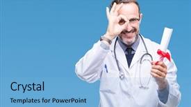  Presentation with eye doctor - Presentation design enhanced with certificates - middle age senior hoary doctor background and a light blue colored foreground
