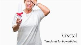  Presentation with certificate - Slide set enhanced with certificates - senior caucasian woman holding degree background and a white colored foreground